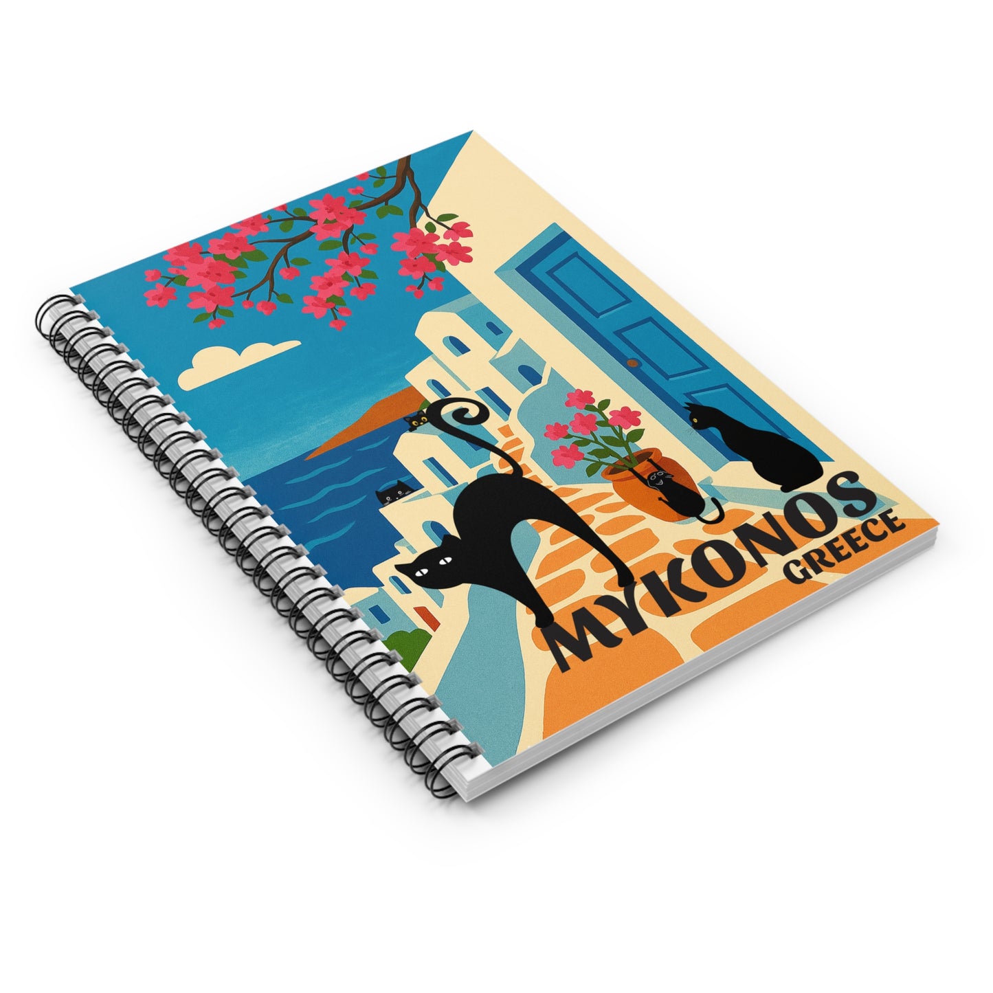 Mykonos Cat Spiral Notebook – Ruled Line Journal, Greek Art Travel Diary, Cat Lover Gift, Floral Design Stationery