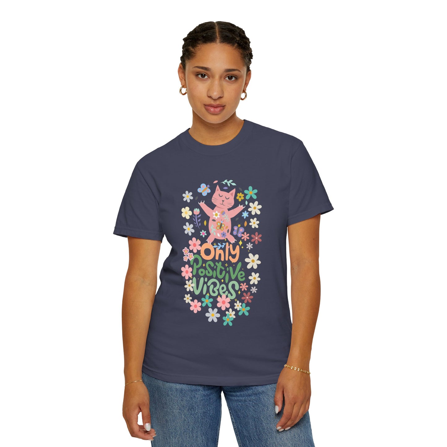 Positive Vibes T-Shirt, Unisex Casual Tee, Boho Shirt, Gift for Cat Lovers, Summer Fashion, Festival Wear