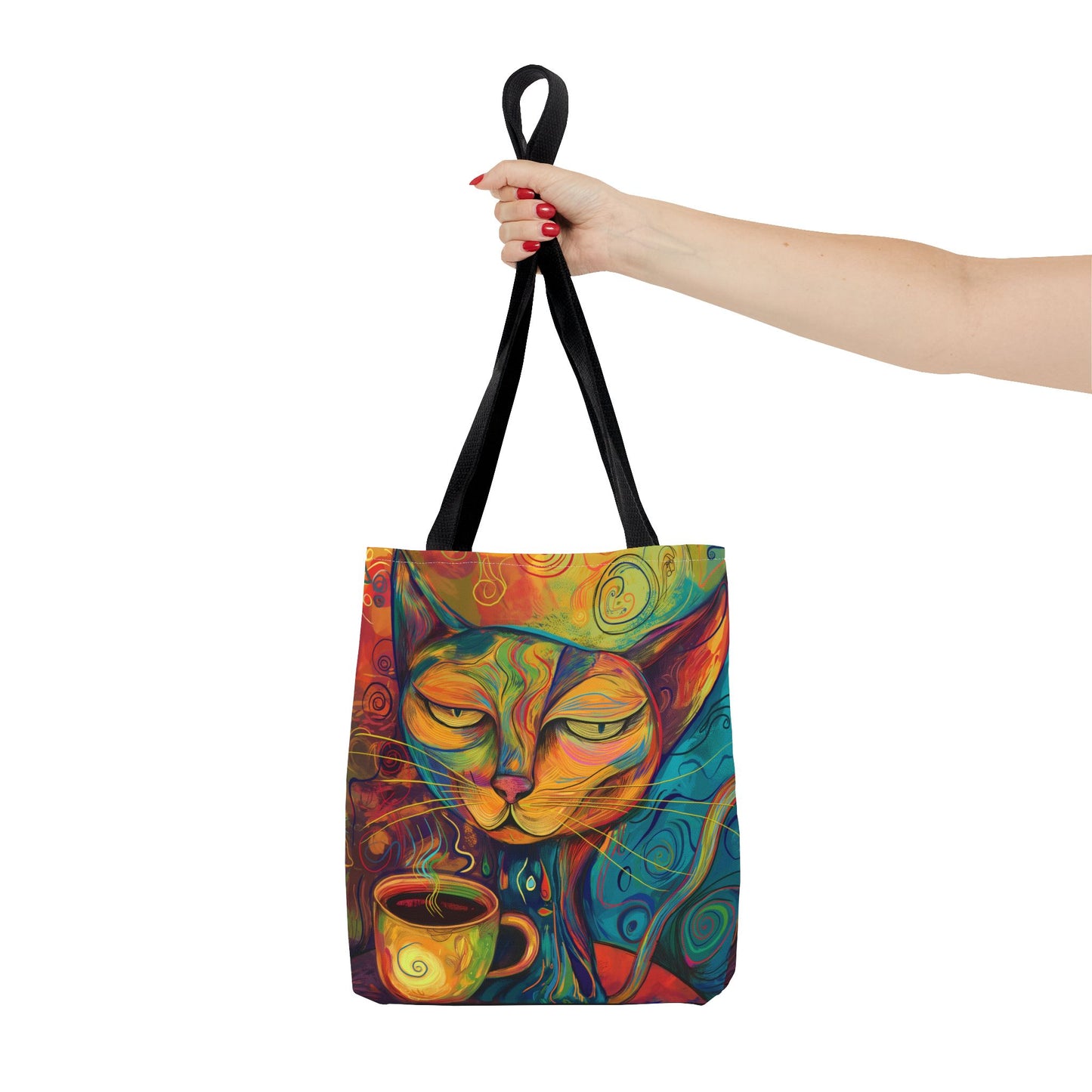Chic Cat & Coffee Tote Artistic AOP Shopper Bag, Reusable Tote for Women, Cute Gift for Cat Lovers