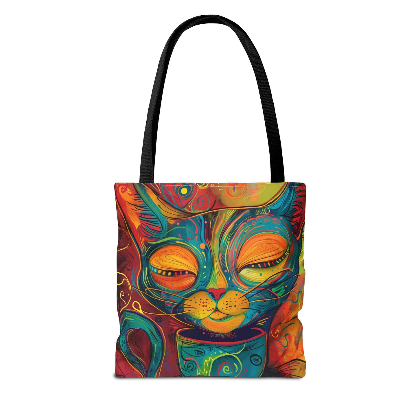 Vibrant Cat & Coffee Tote Bag - Abstract Cat Lover Gift, Cute AOP Reusable Tote for Busy Women, Coffee Cat Mom Bag