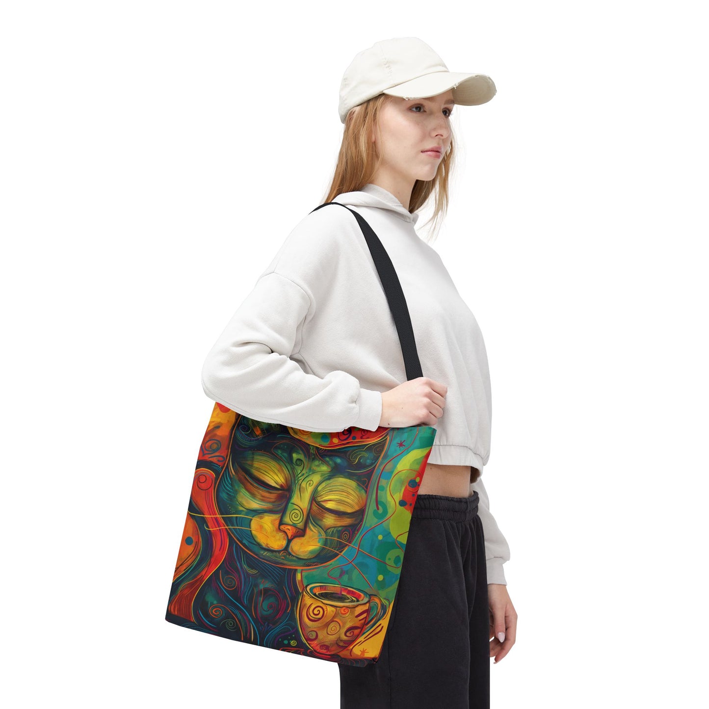 Whimsical Cat Coffee Tote AOP Reusable Shopping Bag, Artistic Cat Lover Gift, Stylish Tote for Women