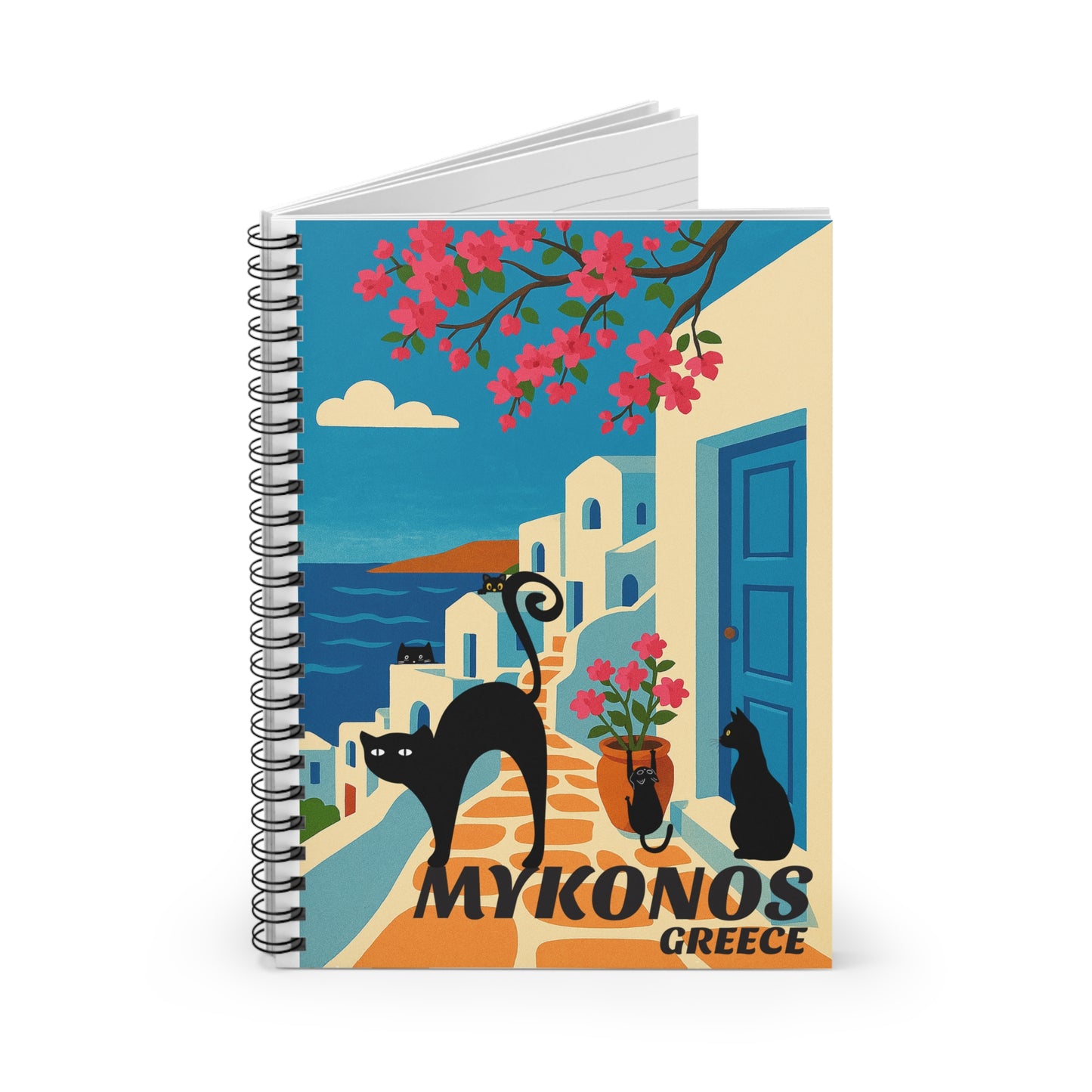 Mykonos Cat Spiral Notebook – Ruled Line Journal, Greek Art Travel Diary, Cat Lover Gift, Floral Design Stationery