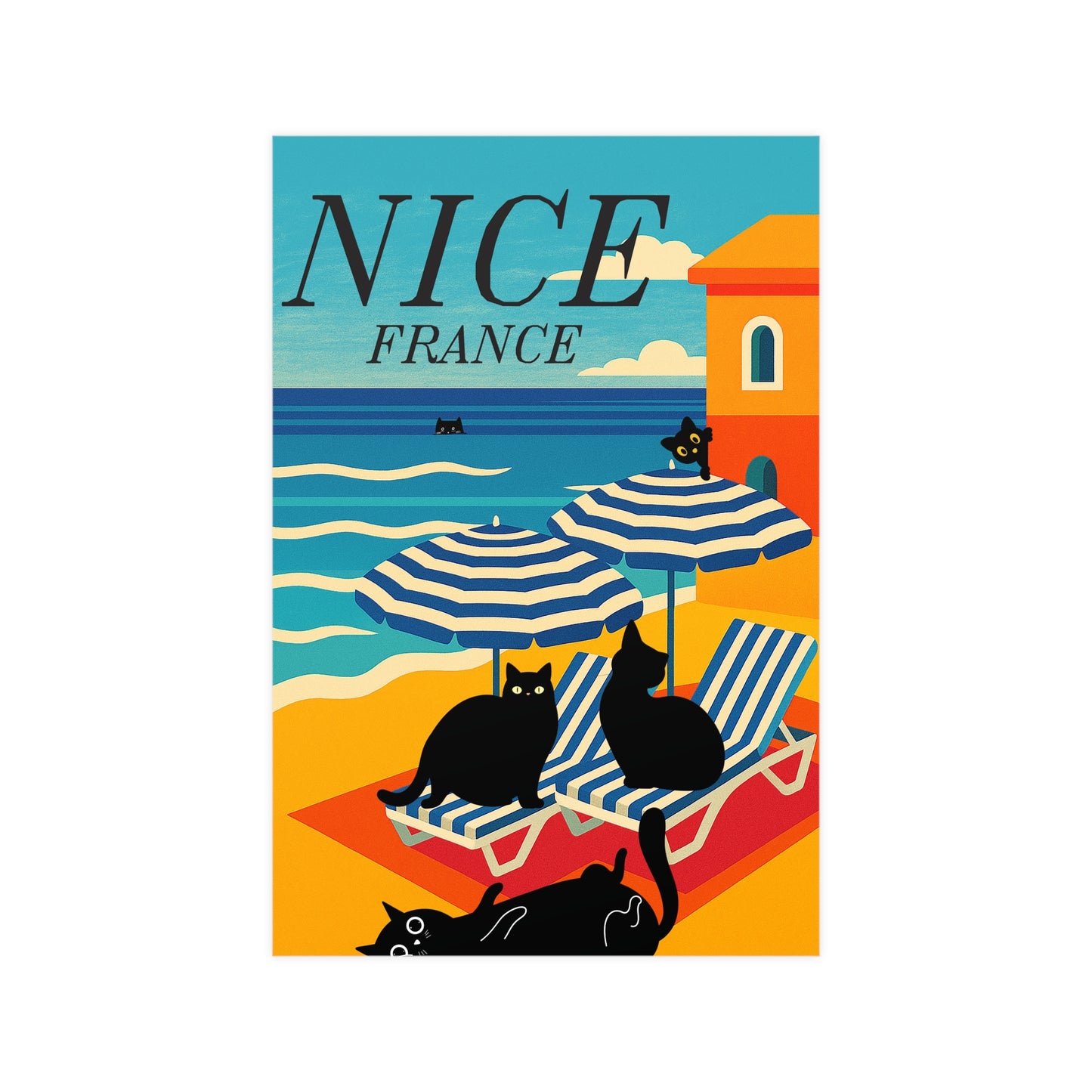Vibrant Matte Wall Art Poster of Nice, France | Retro Cat Decor, Coastal Home Accent, Living Room Art, Unique Gift, Travel Print