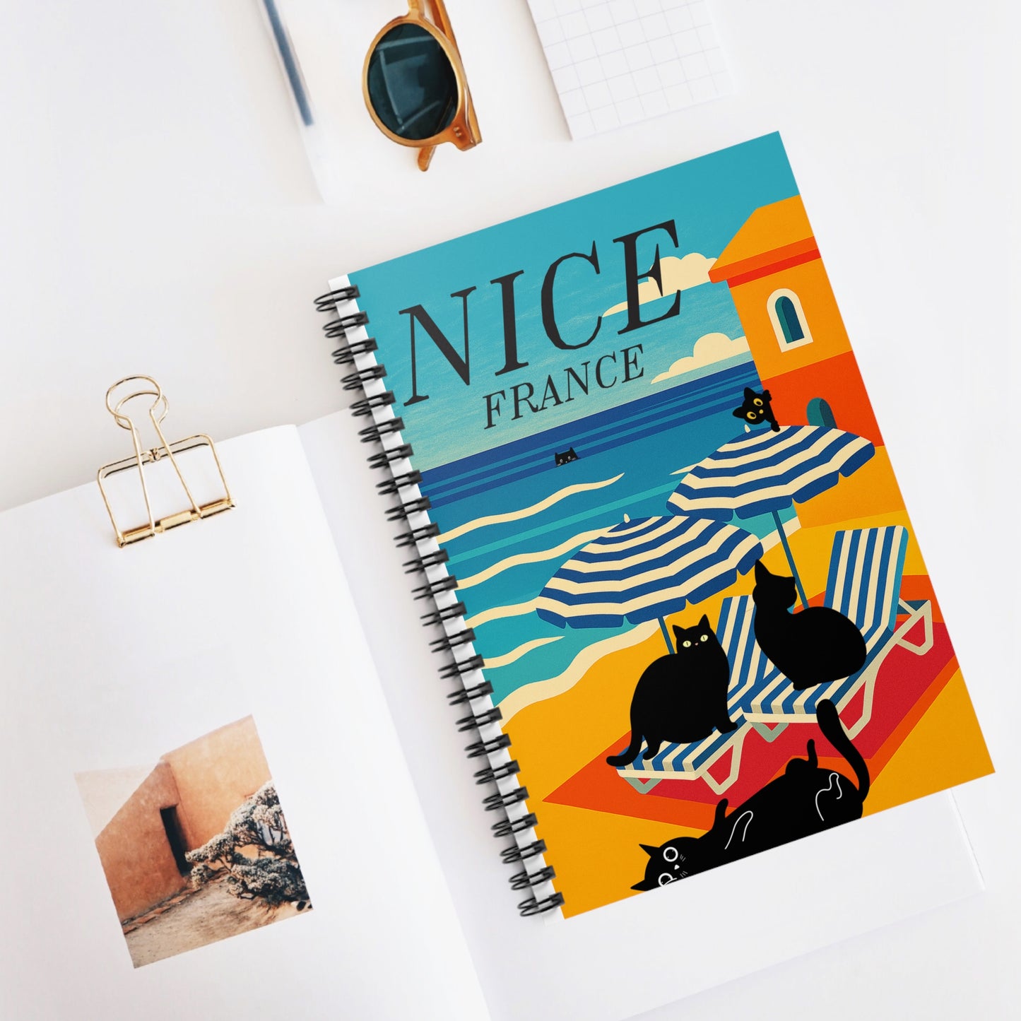 Nice France Spiral Notebook – Vibrant Travel Journal, Cat Lover Gift, Artistic Stationery, Summer Memories Writing Pad