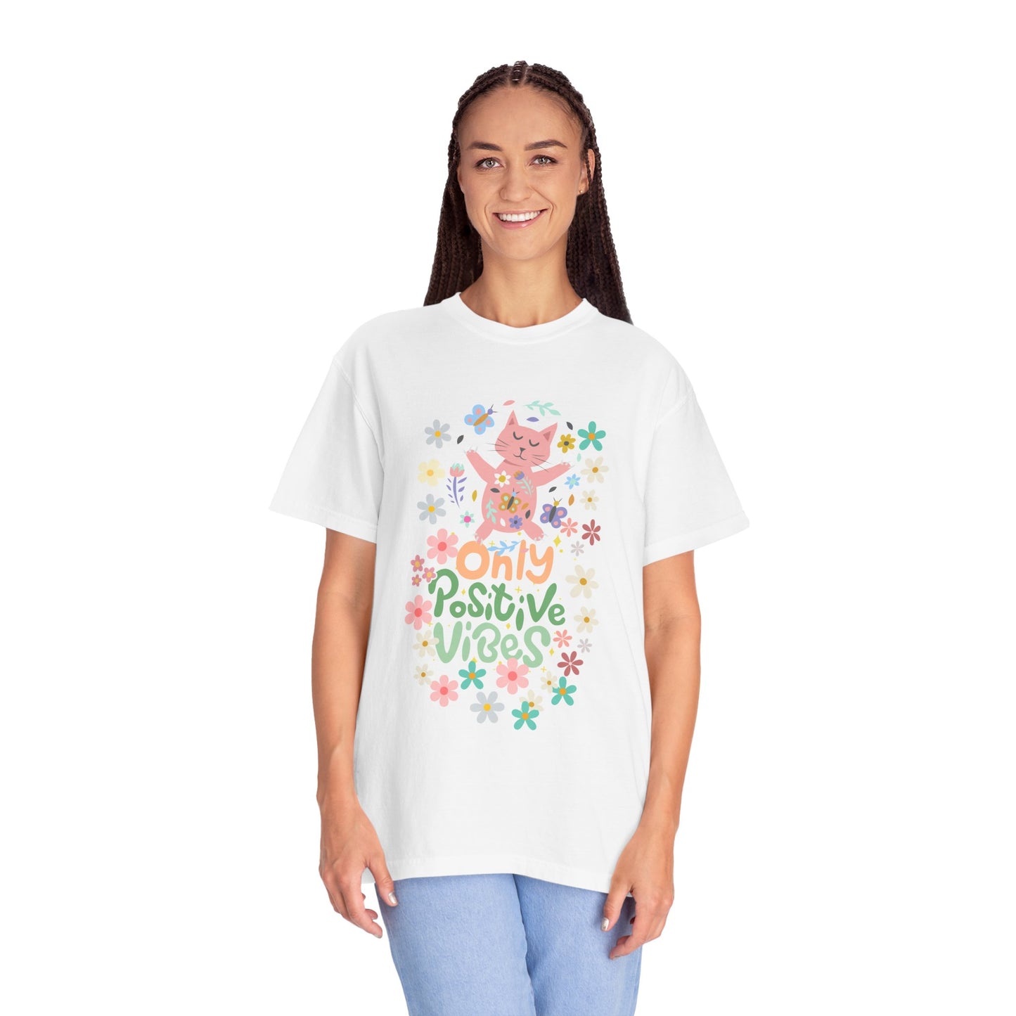Positive Vibes T-Shirt, Unisex Casual Tee, Boho Shirt, Gift for Cat Lovers, Summer Fashion, Festival Wear