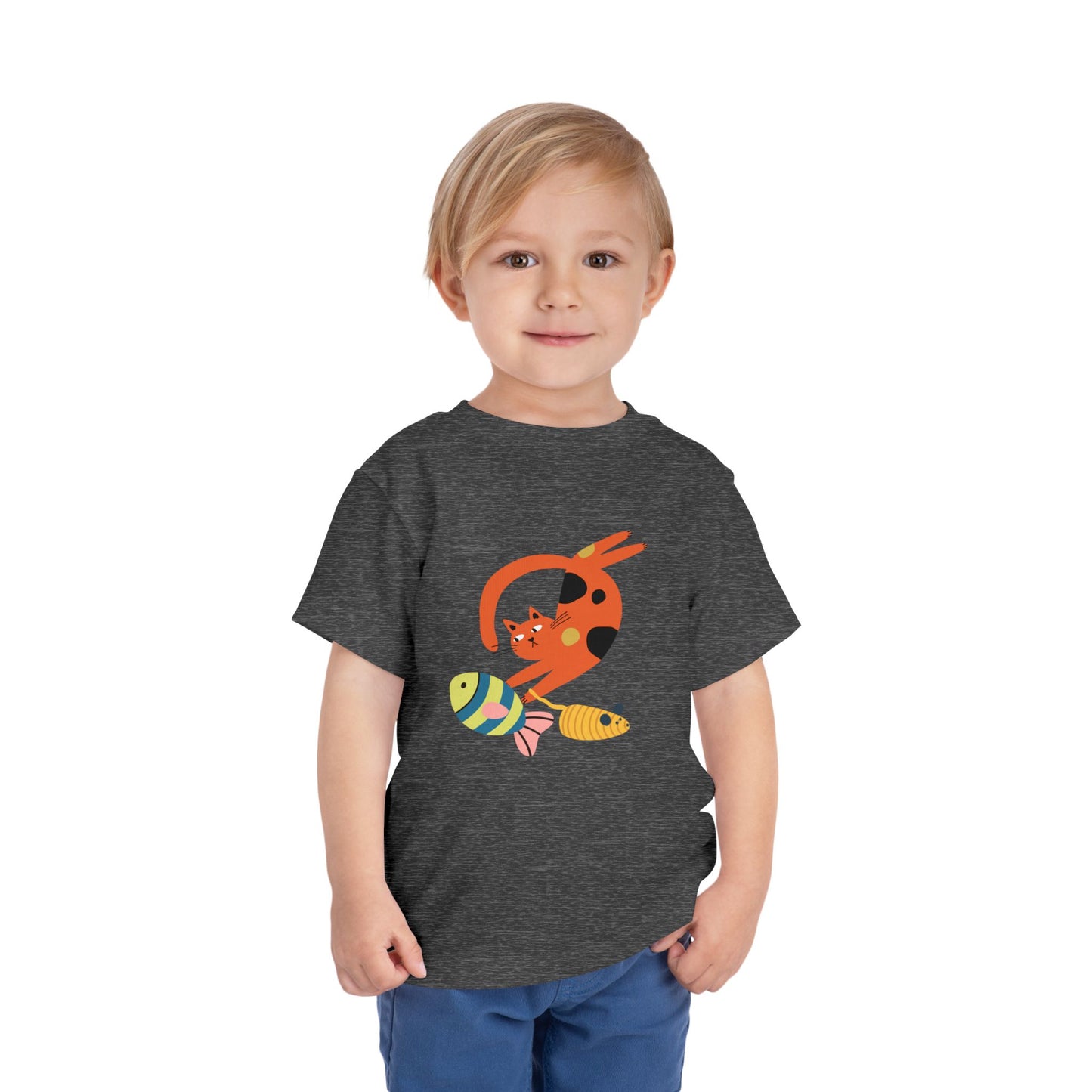 Cute Cat & Fish Toddler T-Shirt | Playful Kids Graphic Tee, Summer Outfit for Boys & Girls, Birthday Gift, Animal Lover Shirt