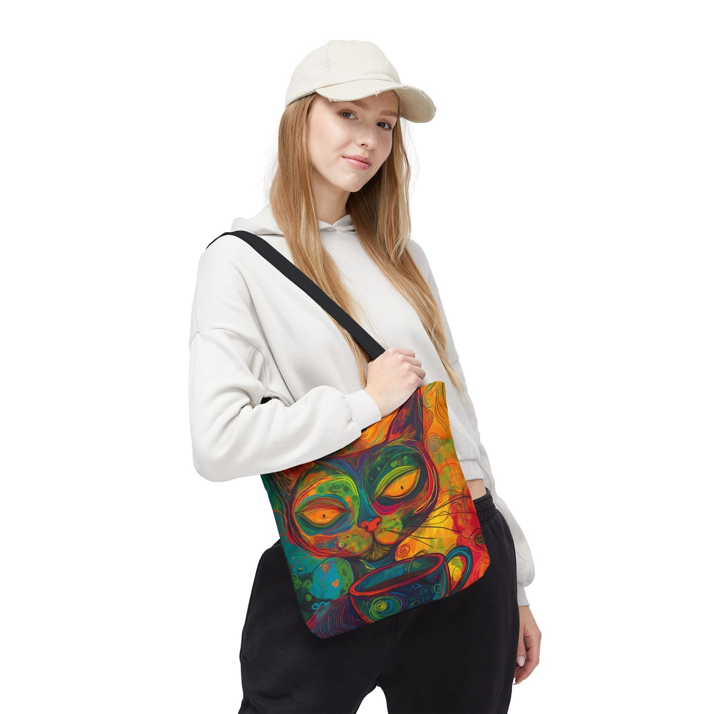 Colorful Cat Coffee Tote Bag - Abstract Art Cat Lover Gift, Cute AOP Tote for Women on the Go, Reusable Shopper Bag