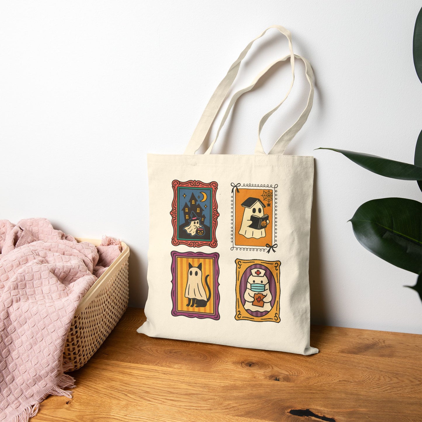 Spooky Ghosts Halloween Tote Bag, Eco Friendly Cotton Bag for Trick or Treat, Cute Reusable Shopping Tote, Fall Ghost Bag
