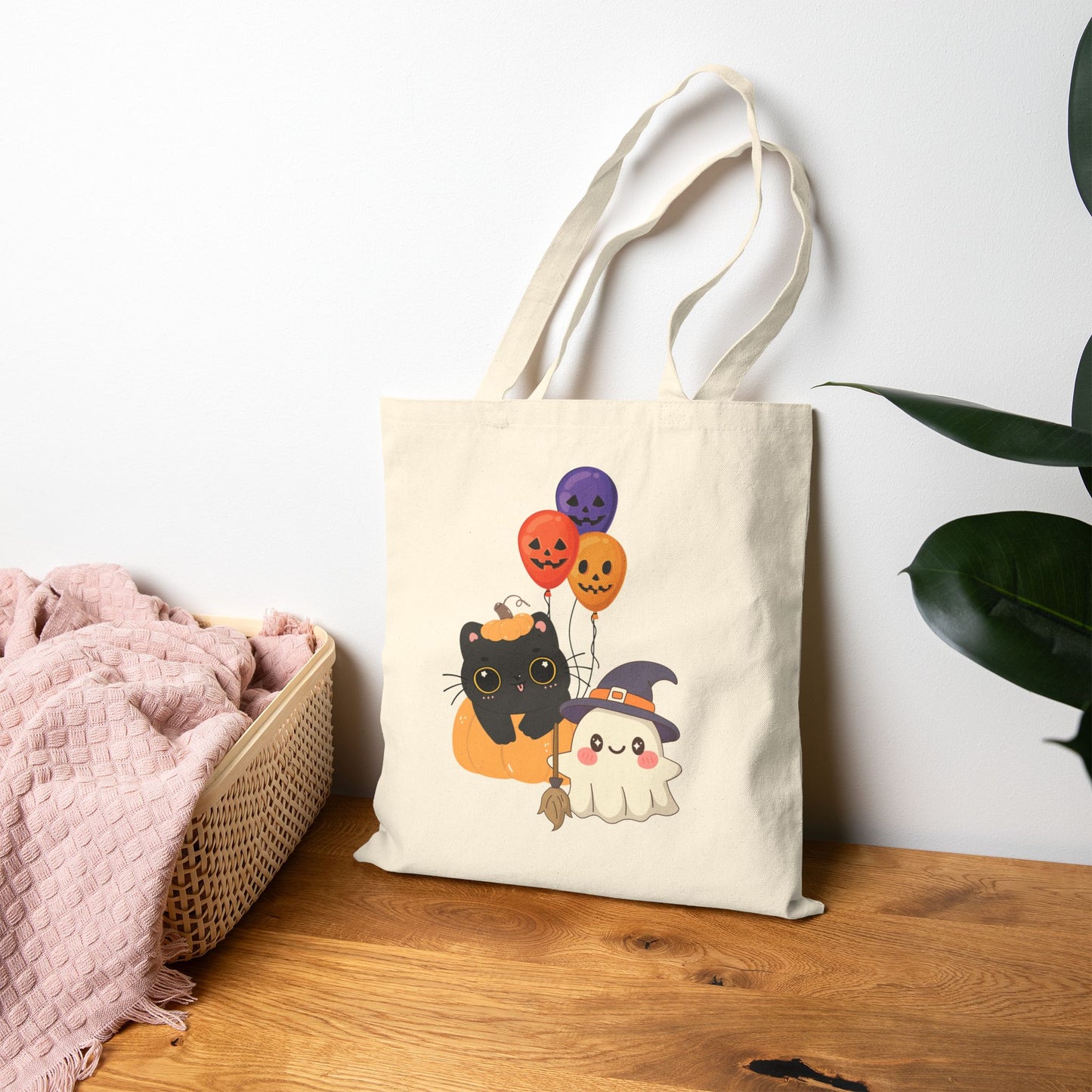 Cute Halloween Cotton Canvas Tote Bag, Trick or Treat Bag, Cat and Ghost Tote, Fall Shopping Bag, Eco Friendly Gift