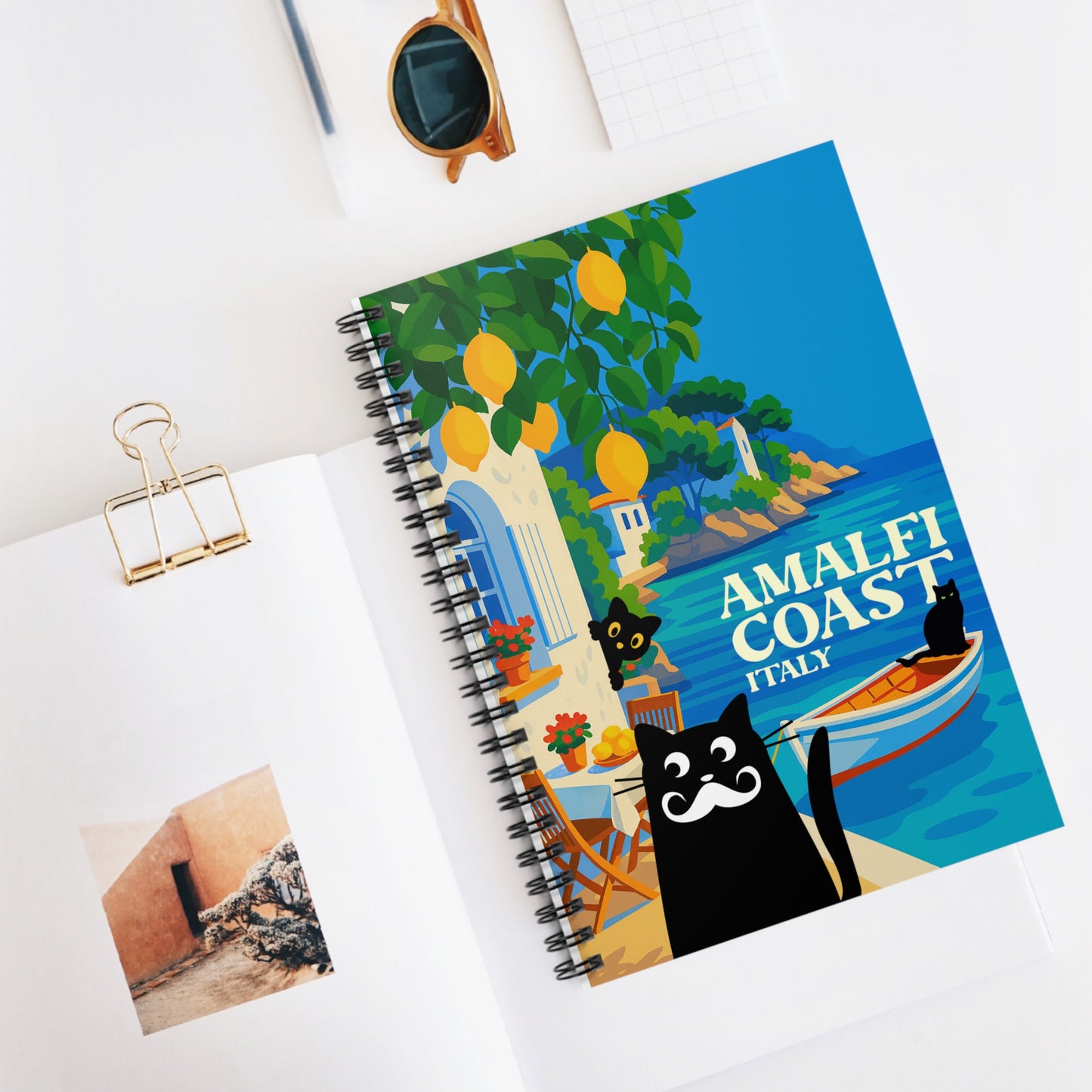 Amalfi Coast Cat Spiral Notebook - Perfect for Journaling, Travel Notes, and Gift Ideas, Cartoons, Italy Souvenir