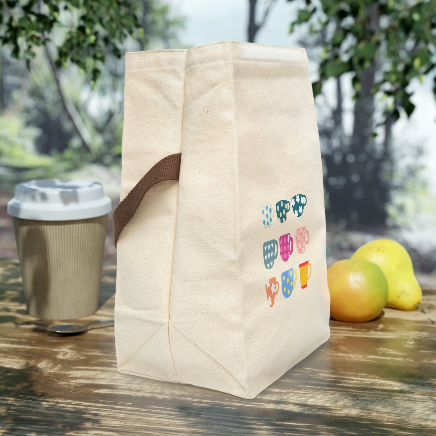 Cute Canvas Lunch Bag with Colorful Mug Design, Lunch Tote for Adults and Kids, Perfect for Back to School, Picnics, and Work