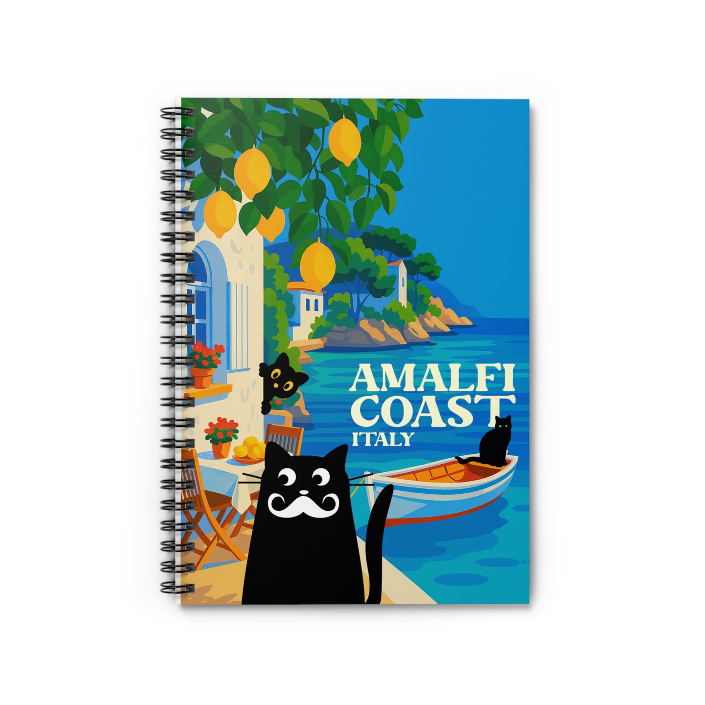 Amalfi Coast Cat Spiral Notebook - Perfect for Journaling, Travel Notes, and Gift Ideas, Cartoons, Italy Souvenir