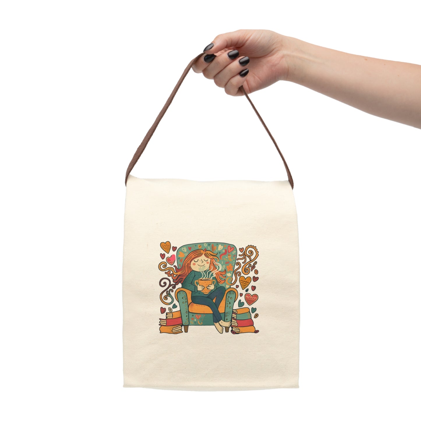 Reusable Cozy Lunch Bag – Cute Illustrated Canvas Tote, Eco-Friendly Lunch Bag for Work, School, or Gift for Book Lovers