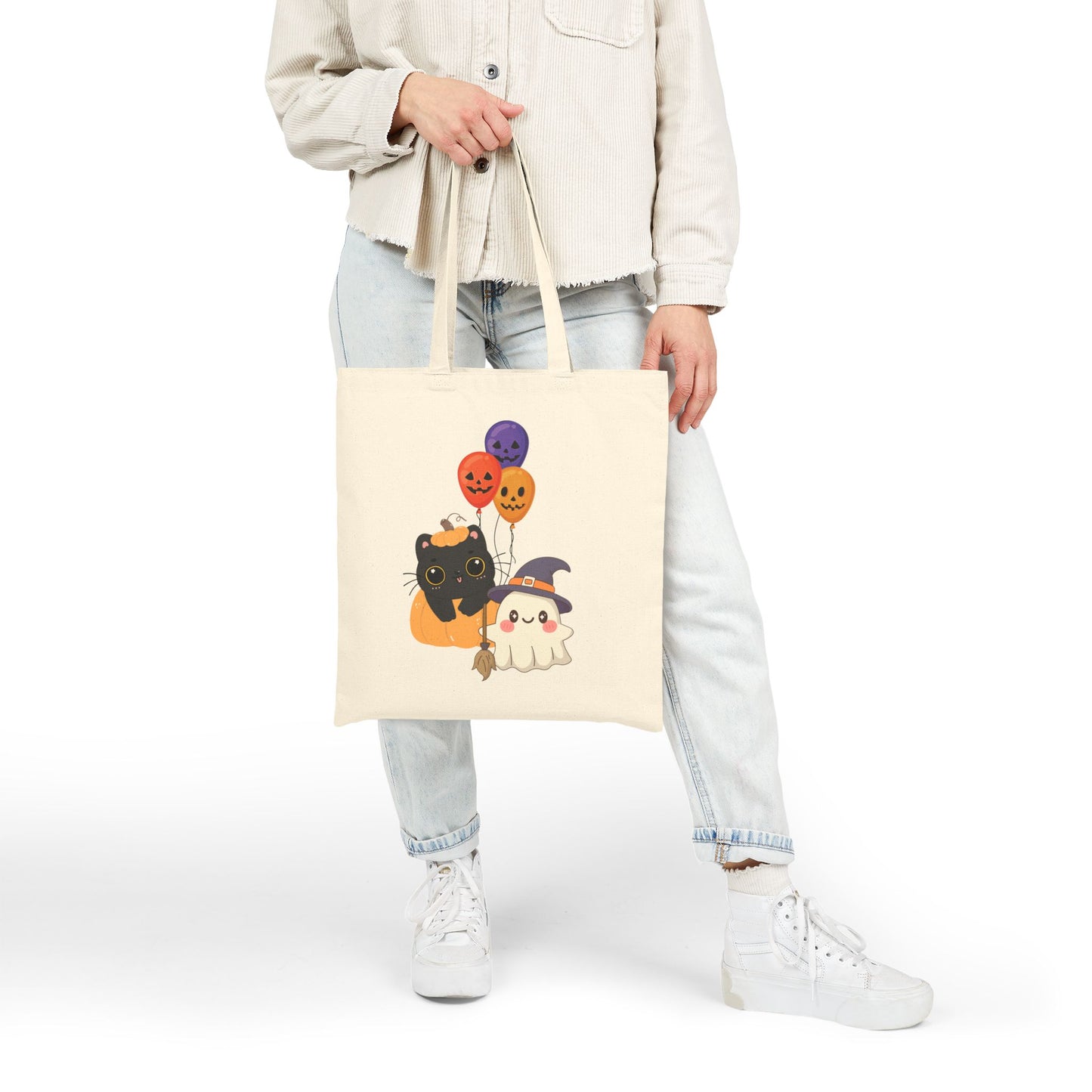 Cute Halloween Cotton Canvas Tote Bag, Trick or Treat Bag, Cat and Ghost Tote, Fall Shopping Bag, Eco Friendly Gift
