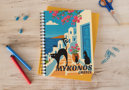Mykonos Cat Spiral Notebook – Ruled Line Journal, Greek Art Travel Diary, Cat Lover Gift, Floral Design Stationery