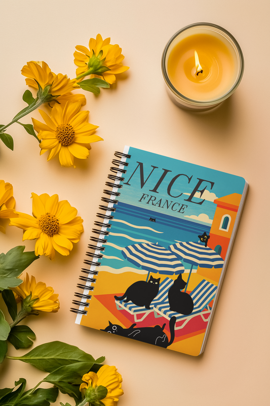 Nice France Spiral Notebook – Vibrant Travel Journal, Cat Lover Gift, Artistic Stationery, Summer Memories Writing Pad