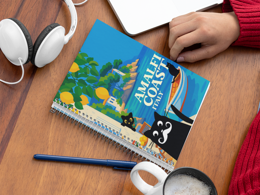 Amalfi Coast Cat Spiral Notebook - Perfect for Journaling, Travel Notes, and Gift Ideas, Cartoons, Italy Souvenir