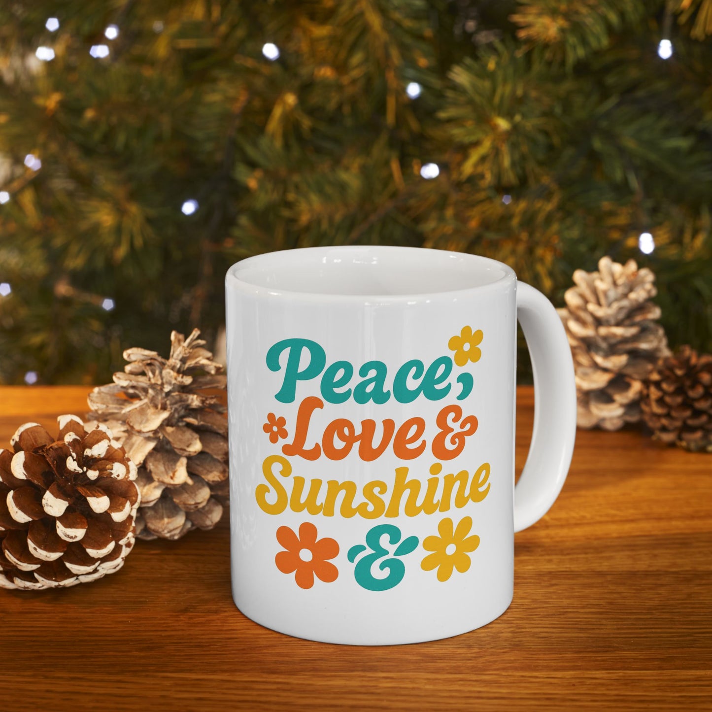 Peace, Love & Sunshine Mug Inspirational Coffee Cup with Floral Design, Positive Vibes Gift for Friends