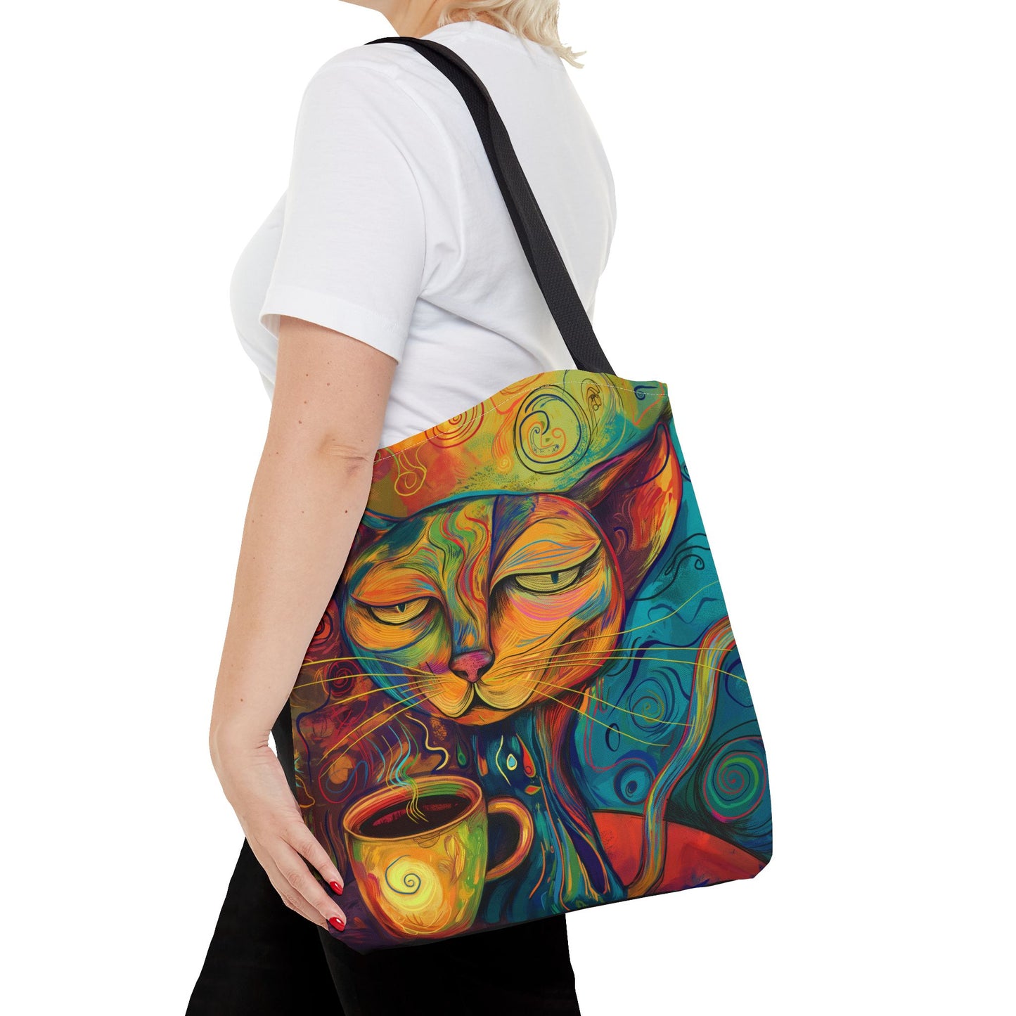 Chic Cat & Coffee Tote Artistic AOP Shopper Bag, Reusable Tote for Women, Cute Gift for Cat Lovers