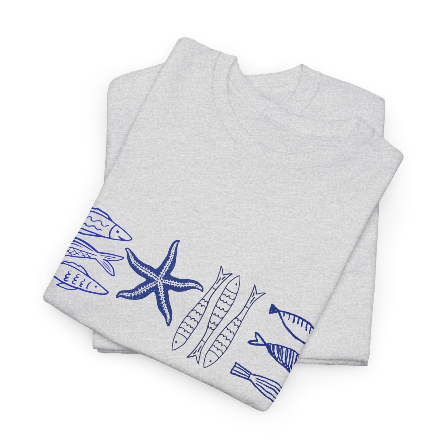Coastal Sea Life Graphic T-Shirt, Blue Fish and Starfish Tee, Ocean Inspired Beach Shirt, Nautical Marine Life Tee, Coastal Summer Top