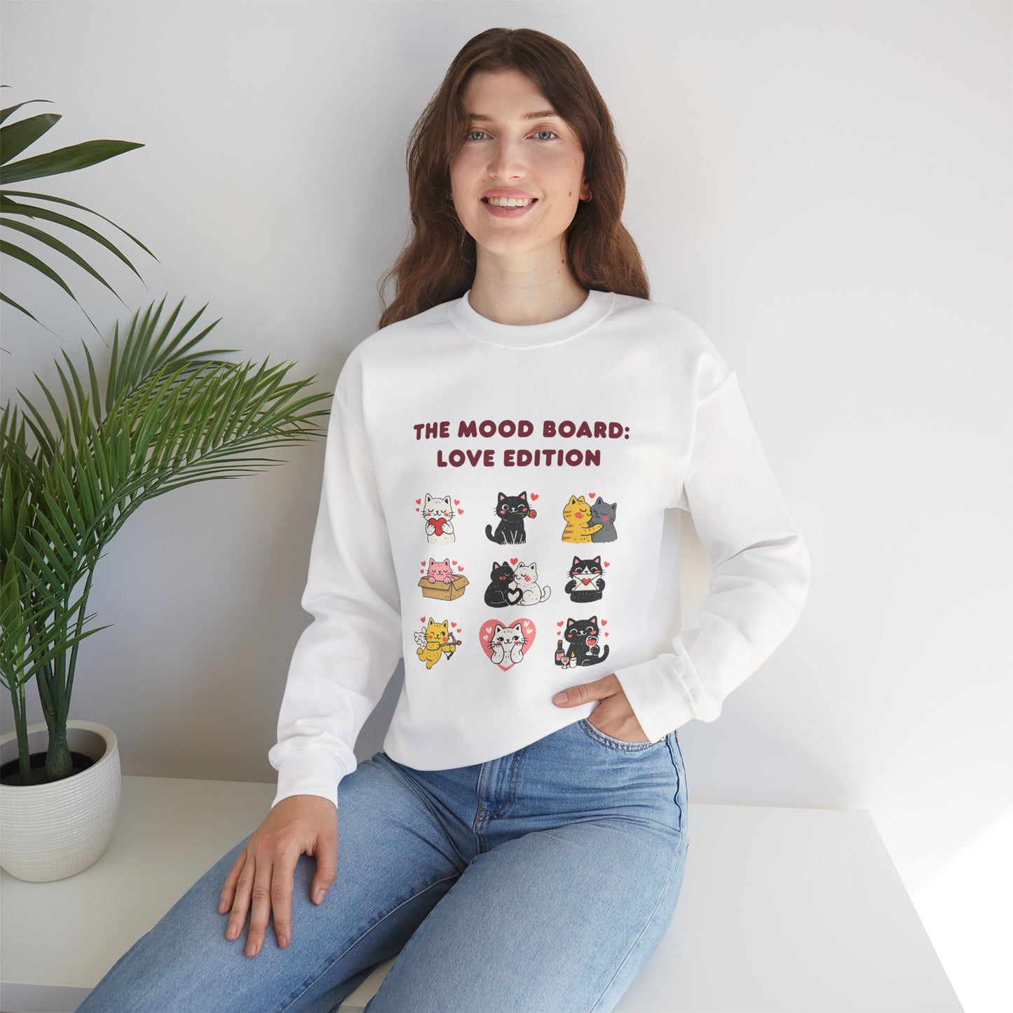 Cute Cat Mood Board Crewneck Sweatshirt, Love Edition Graphic Cat Sweater, Cozy Unisex Cat Lover Gift