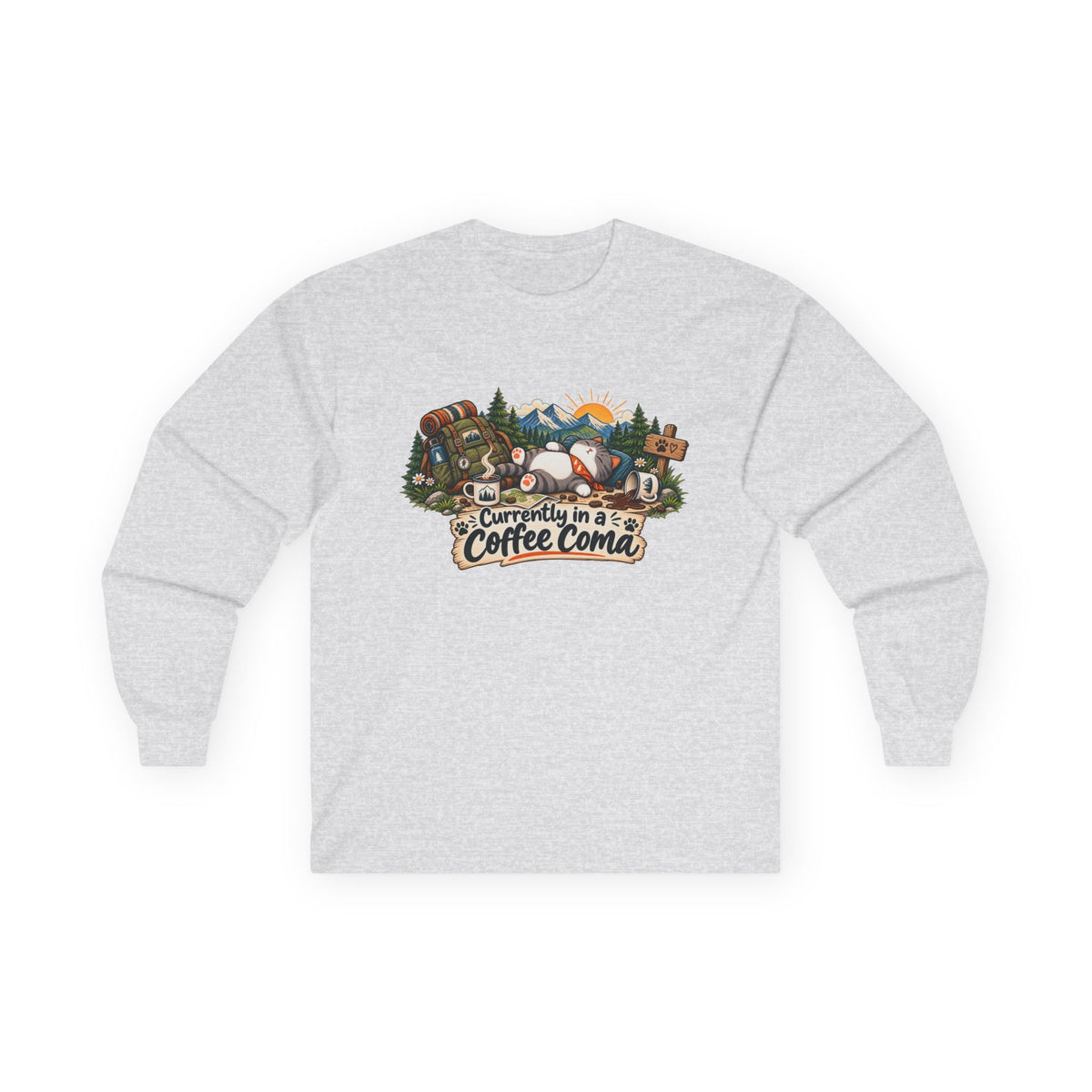 Currently in a Coffee Coma Long Sleeve Shirt | Funny Coffee Lover Cat Tee