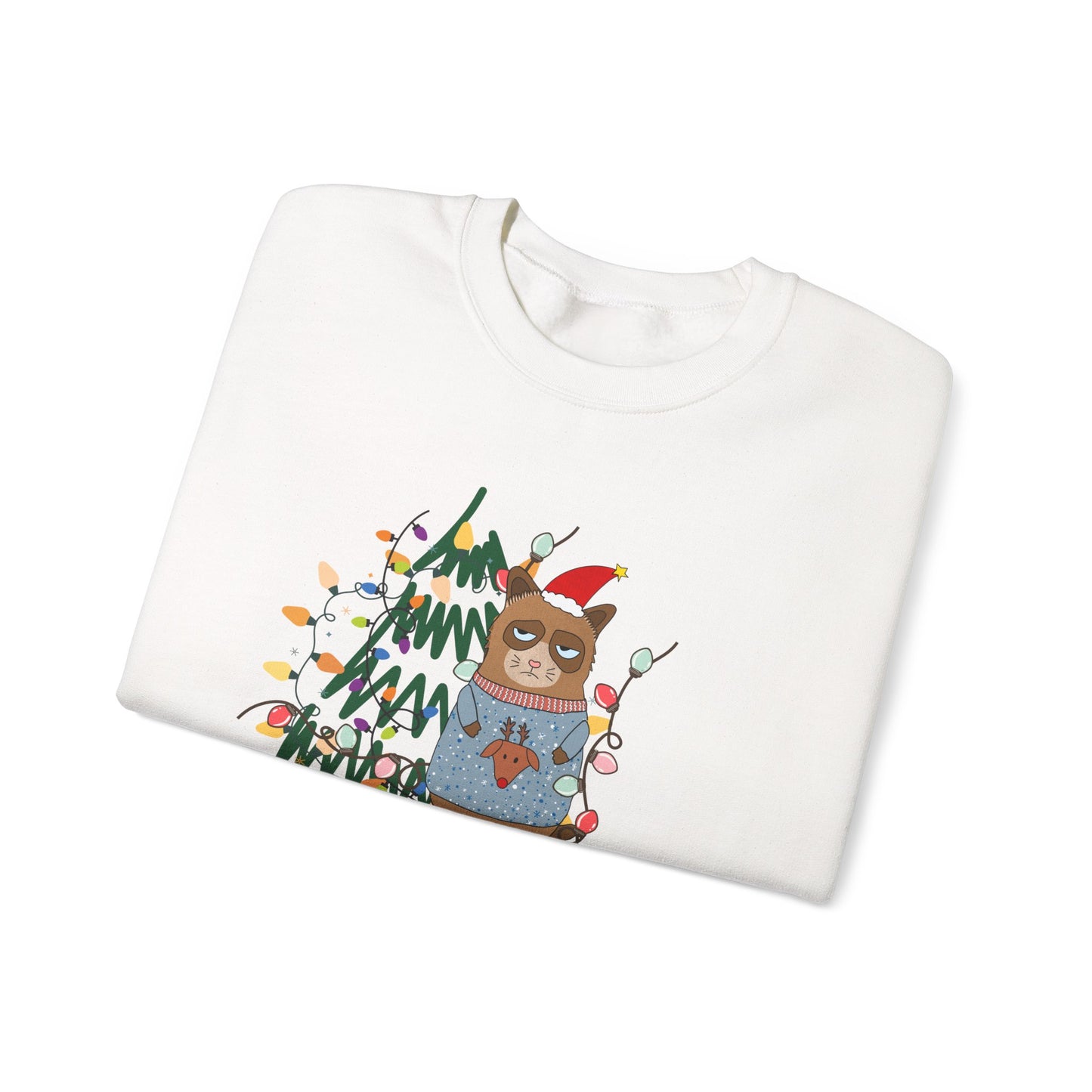 Holiday Ugly Sweater Cat Tee | Cute Grumpy Cat Christmas Sweatshirt | Festive Cat Lover Gift
