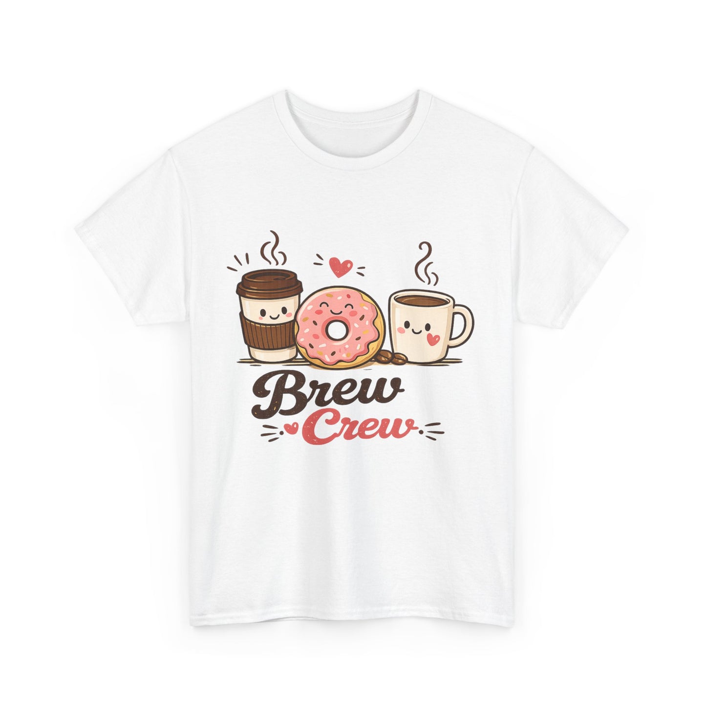 Brew Crew Coffee Donut T-Shirt, Cute Coffee Lover Tee, Breakfast Graphic Shirt, Cafe Aesthetic Gift, Unisex Heavy Cotton Gildan 5000 Tee
