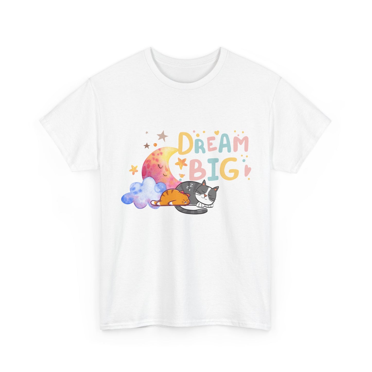 Dream Big Cat T-Shirt – Cute Sleeping Cat Graphic Tee, Pastel Moon & Cloud Shirt, Cozy Cat Lover Gift, Inspirational Animal Tee