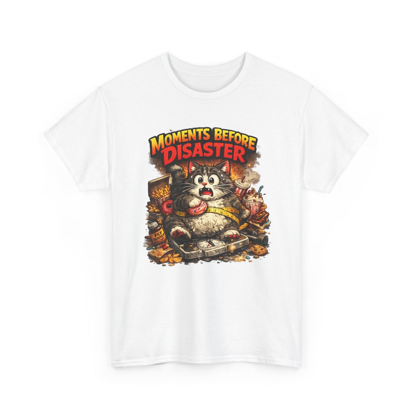 Moments Before Disaster Cat Tee | Funny Retro Fat Cat Graphic T-Shirt | Cute Chaos Cat Lover Shirt