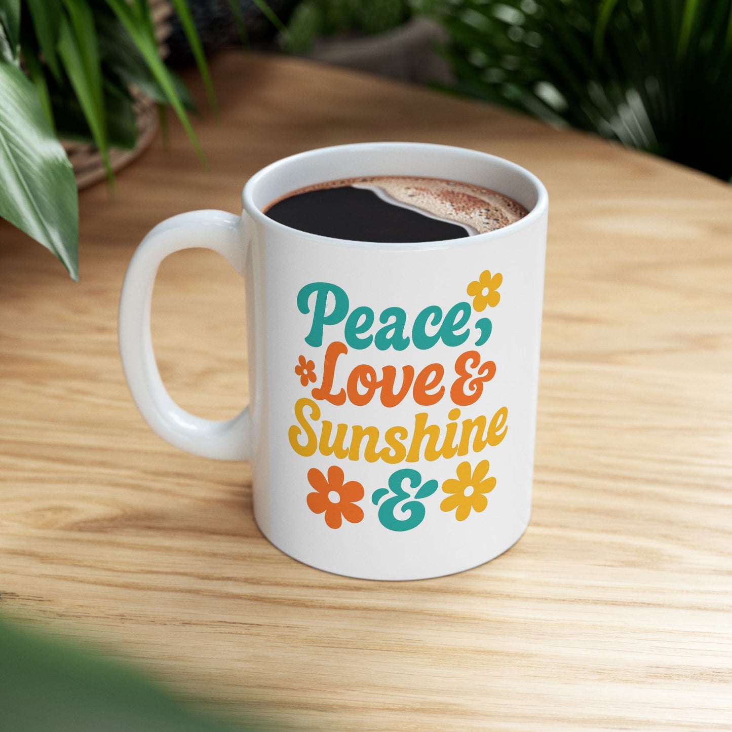 Peace, Love & Sunshine Mug Inspirational Coffee Cup with Floral Design, Positive Vibes Gift for Friends