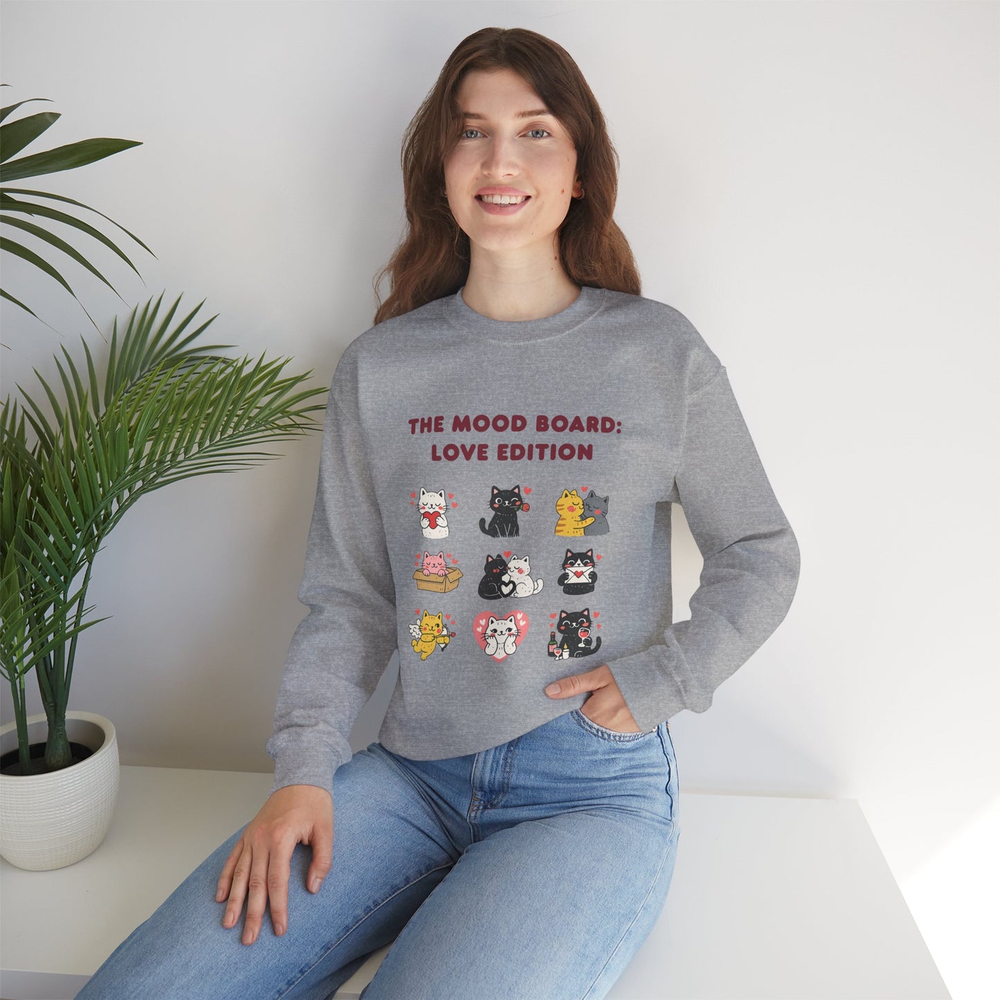 Cute Cat Mood Board Crewneck Sweatshirt, Love Edition Graphic Cat Sweater, Cozy Unisex Cat Lover Gift