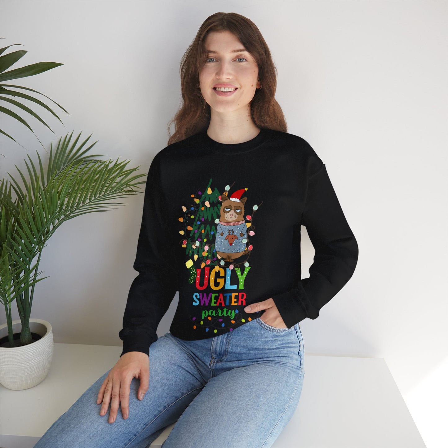 Holiday Ugly Sweater Cat Tee | Cute Grumpy Cat Christmas Sweatshirt | Festive Cat Lover Gift