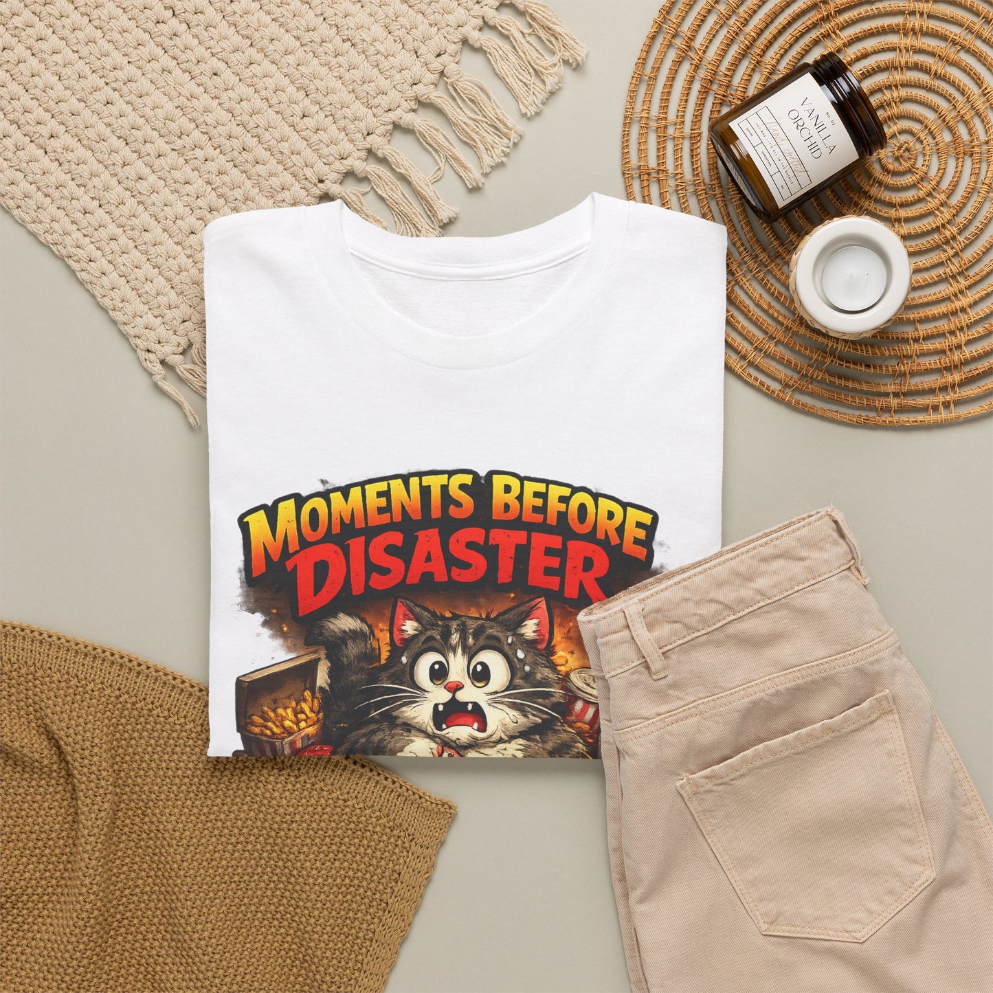 Moments Before Disaster Cat Tee | Funny Retro Fat Cat Graphic T-Shirt | Cute Chaos Cat Lover Shirt