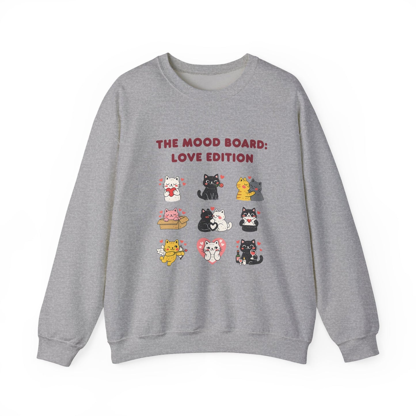 Cute Cat Mood Board Crewneck Sweatshirt, Love Edition Graphic Cat Sweater, Cozy Unisex Cat Lover Gift
