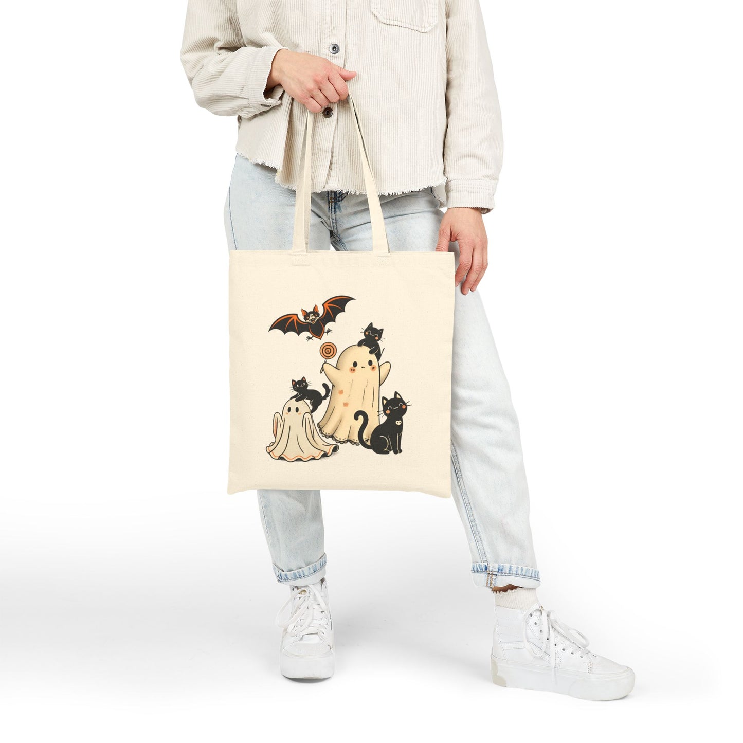 Halloween Ghost & Cats Cotton Canvas Tote Bag, Trick or Treat