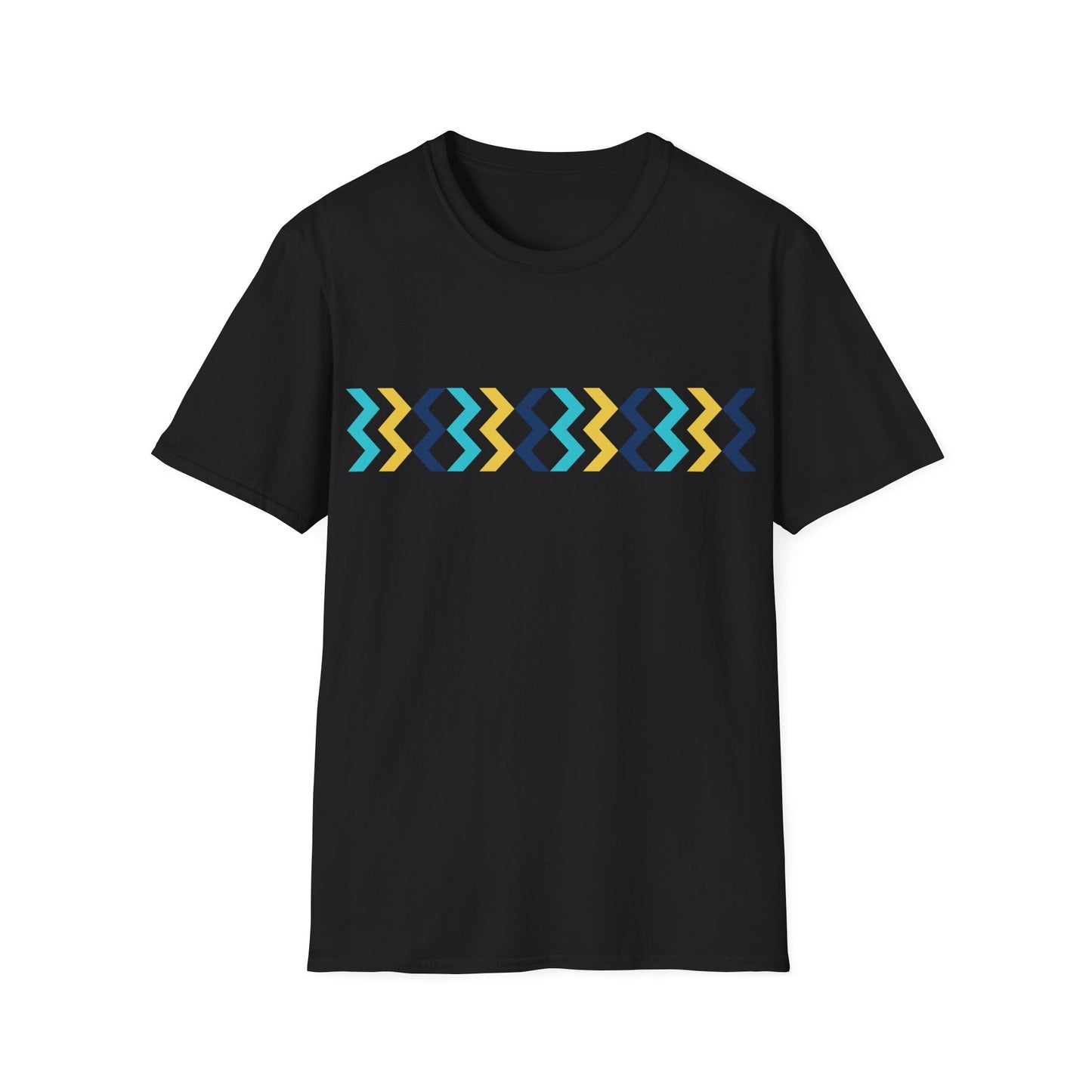 Geometric Chevron Stripe T-Shirt — Modern Blue & Yellow Pattern