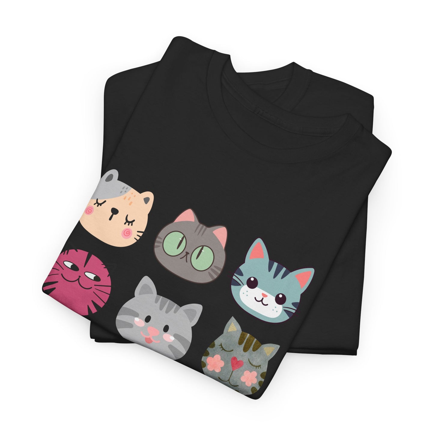Cute Cat Faces T-Shirt, Cartoon Cat Lover Tee, Colorful Kitty Graphic Shirt, Funny Cat Mom Gift, Kawaii Cat Tee, Unisex Heavy Cotton Tee