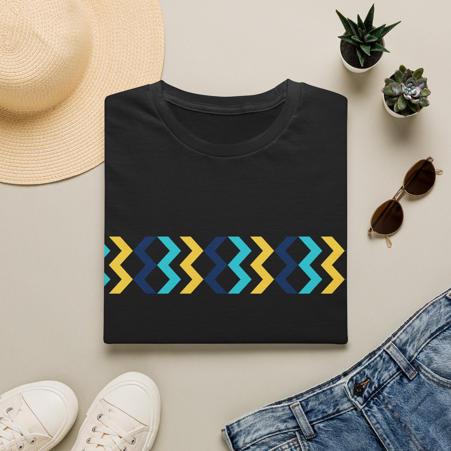 Geometric Chevron Stripe T-Shirt — Modern Blue & Yellow Pattern