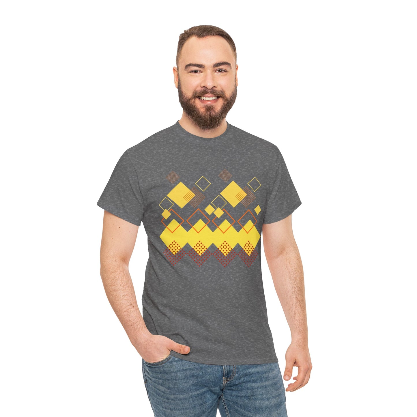 Geometric Diamond Pattern T-Shirt, Retro Pixel Art Tee, Golden Crown Graphic Shirt, Abstract Squares Design, Unisex Minimalist Black Tee