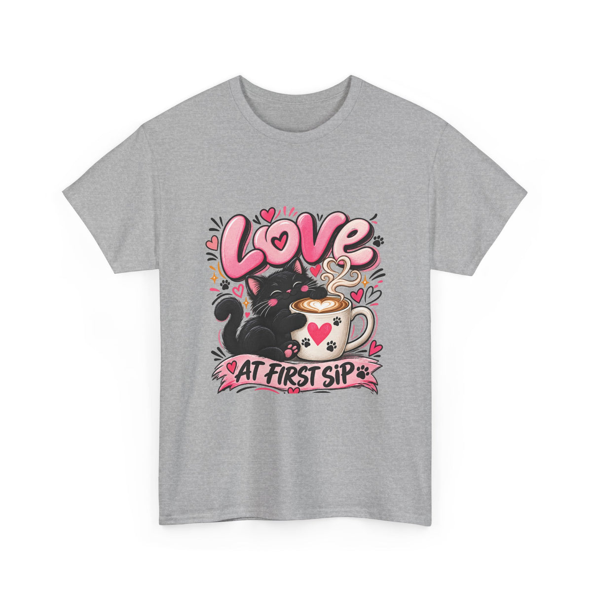 Love at First Sip Cat T-Shirt | Cute Coffee Lover Kawaii Graphic Tee