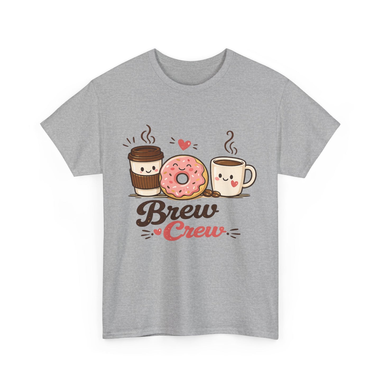 Brew Crew Coffee Donut T-Shirt, Cute Coffee Lover Tee, Breakfast Graphic Shirt, Cafe Aesthetic Gift, Unisex Heavy Cotton Gildan 5000 Tee