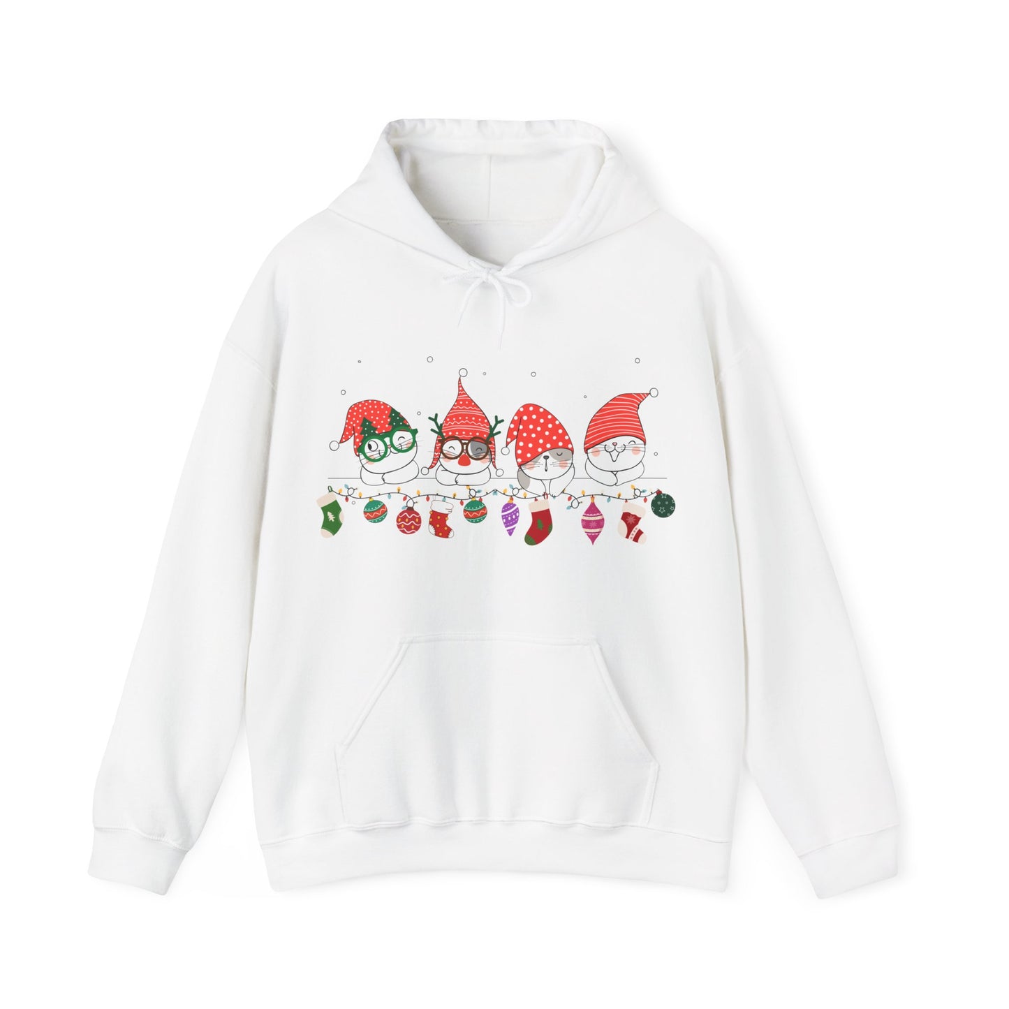 Holiday Cat Gnome Hoodie with Stockings and Ornaments