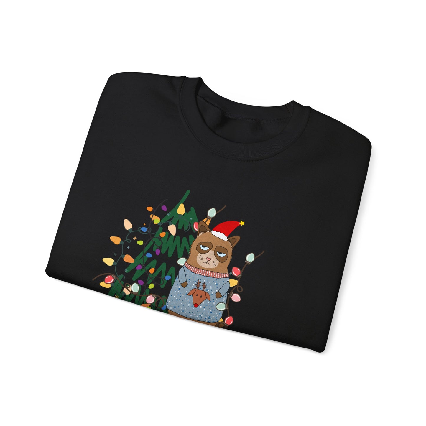 Holiday Ugly Sweater Cat Tee | Cute Grumpy Cat Christmas Sweatshirt | Festive Cat Lover Gift