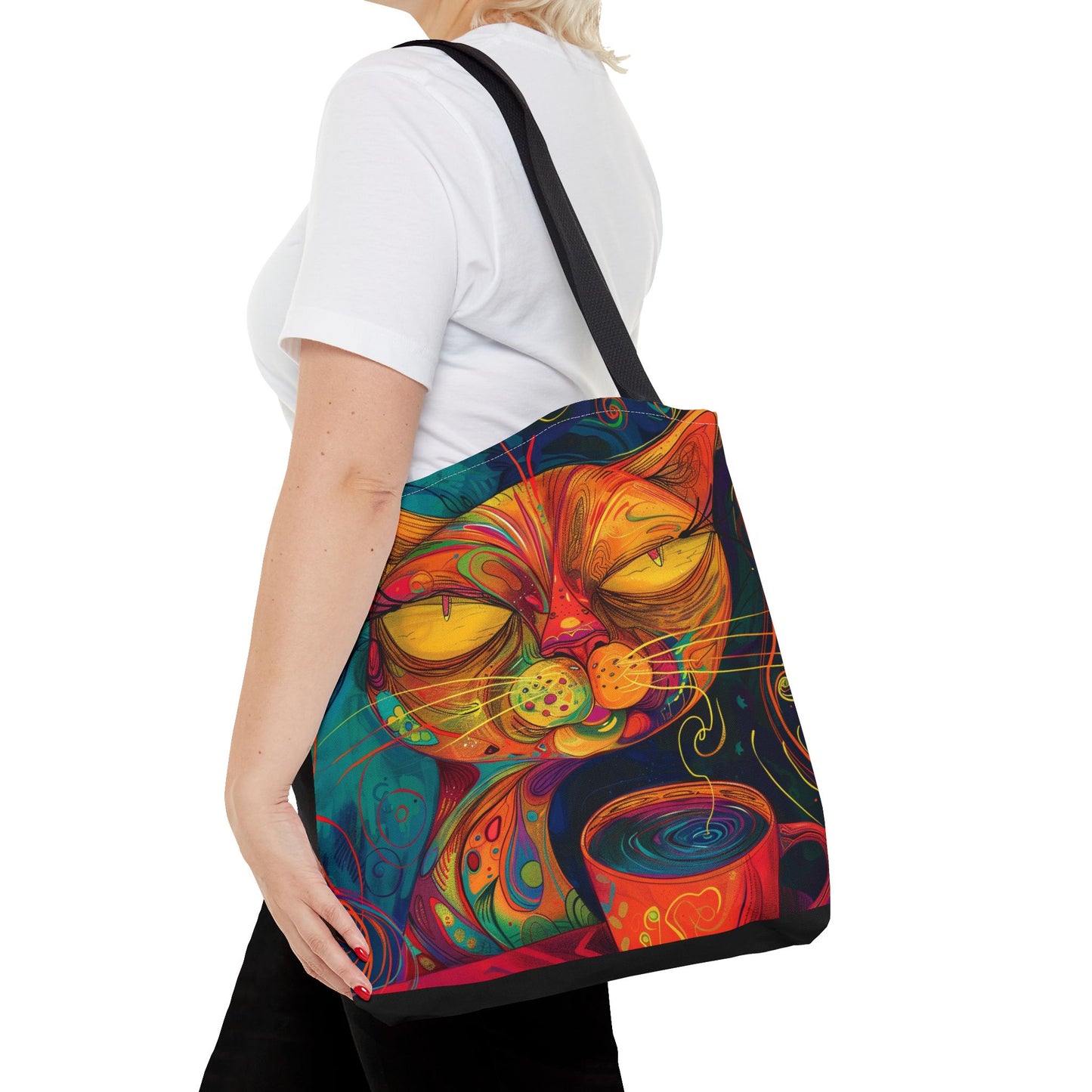 Cat-Purr and Coffee Bliss Tote Bag - Feline Lovers Gift, Kitty Tote, Cat Lady Shoulder Bag, Cute Cat Gift, Reusable Shopping Bag