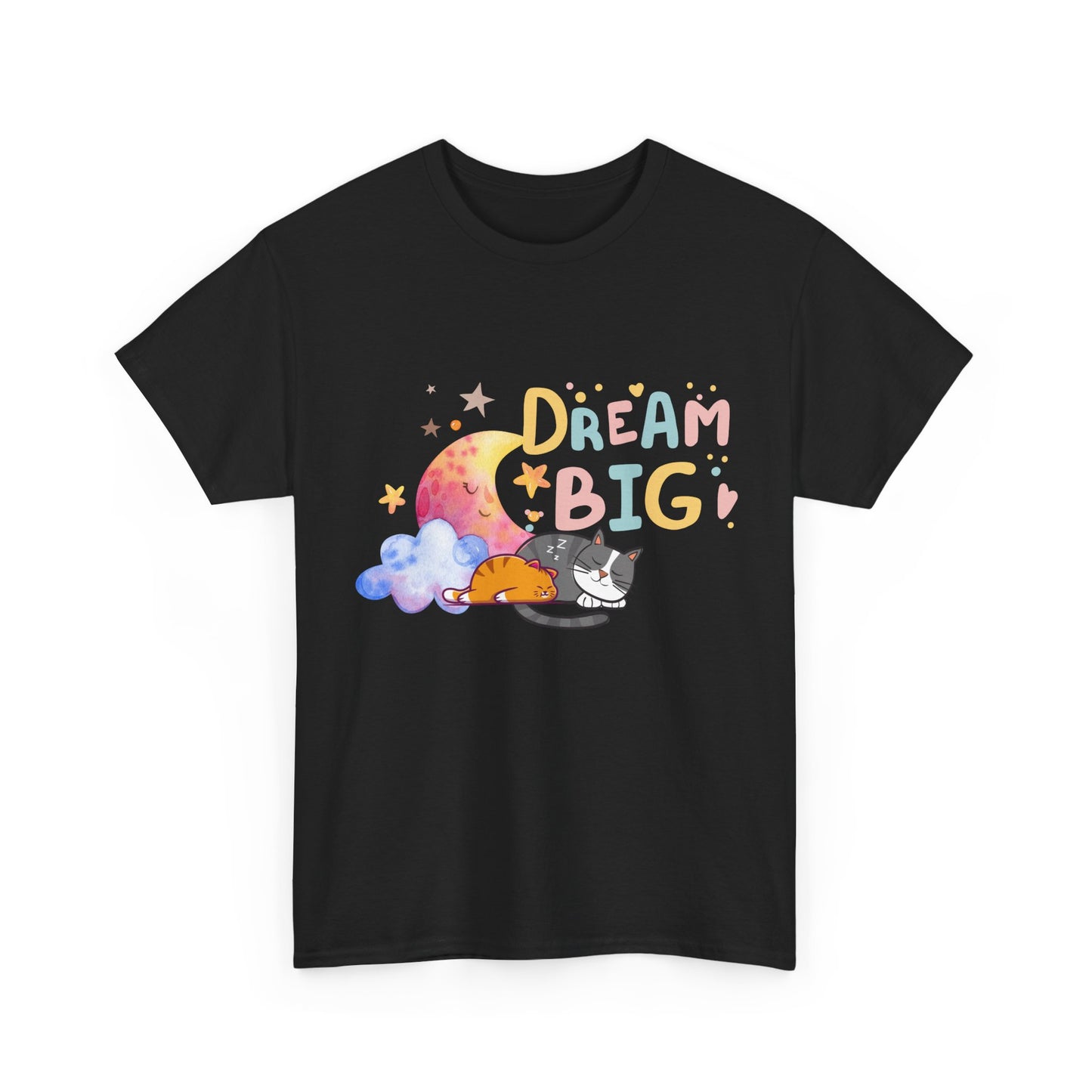 Dream Big Cat T-Shirt – Cute Sleeping Cat Graphic Tee, Pastel Moon & Cloud Shirt, Cozy Cat Lover Gift, Inspirational Animal Tee