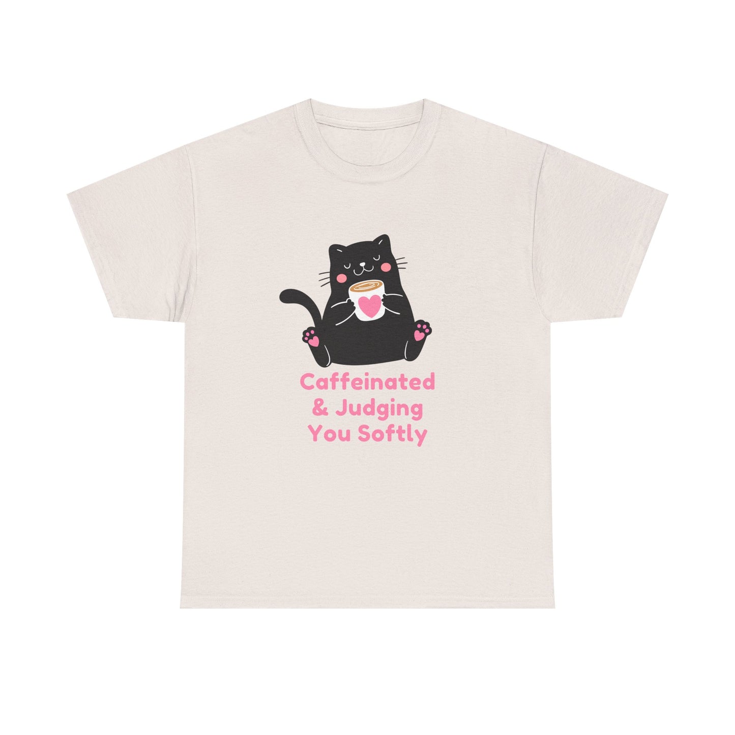 Caffeinated & Judging You Softly Cat T-Shirt | Cute Coffee Lover Graphic Tee
