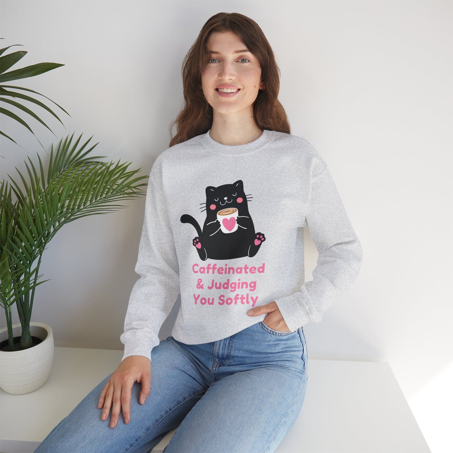 Caffeinated & Judging You Softly Cat Sweatshirt | Funny Coffee Lover Crewneck