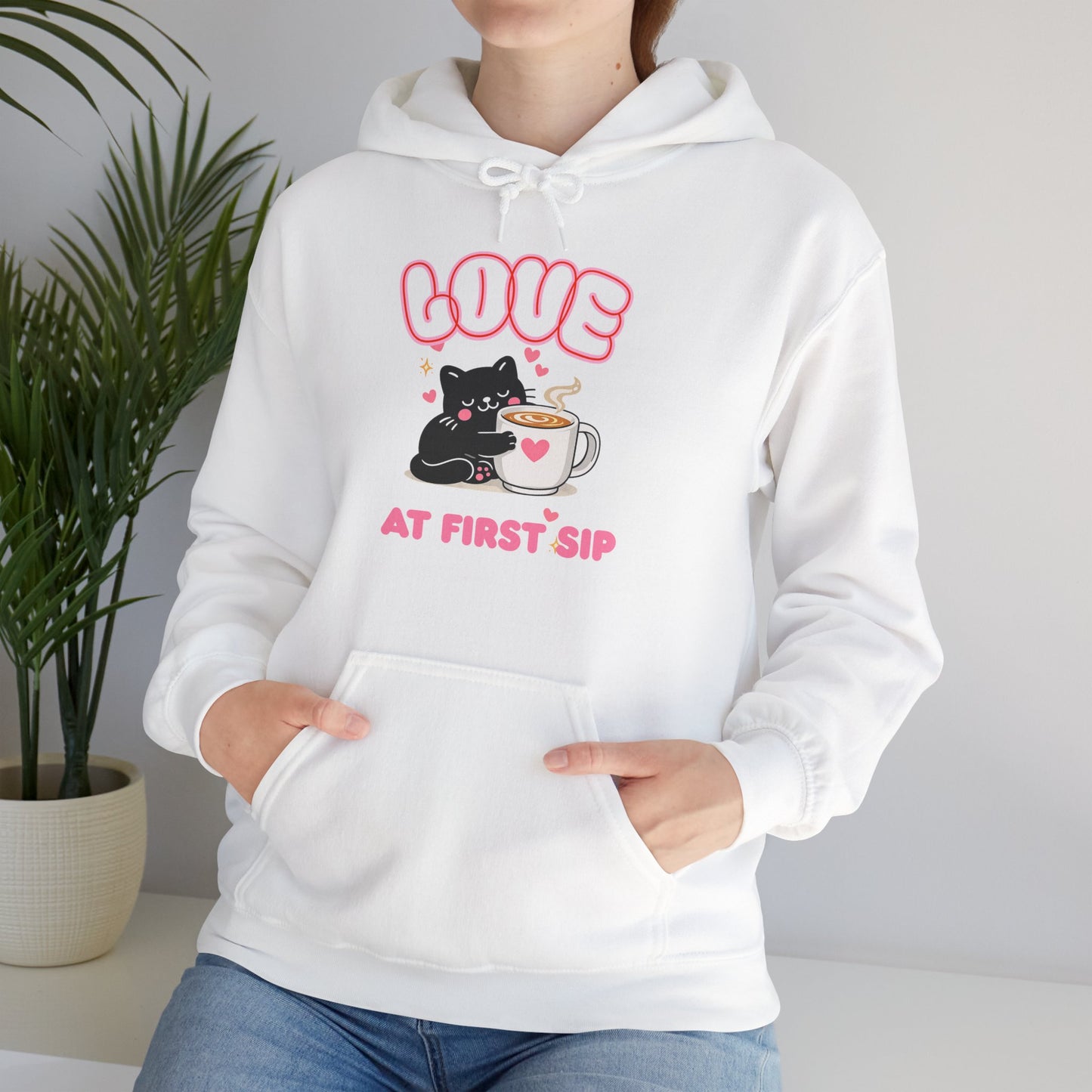 Love at First Sip Cat Hoodie | Cute Coffee Lover Unisex Sweatshirt