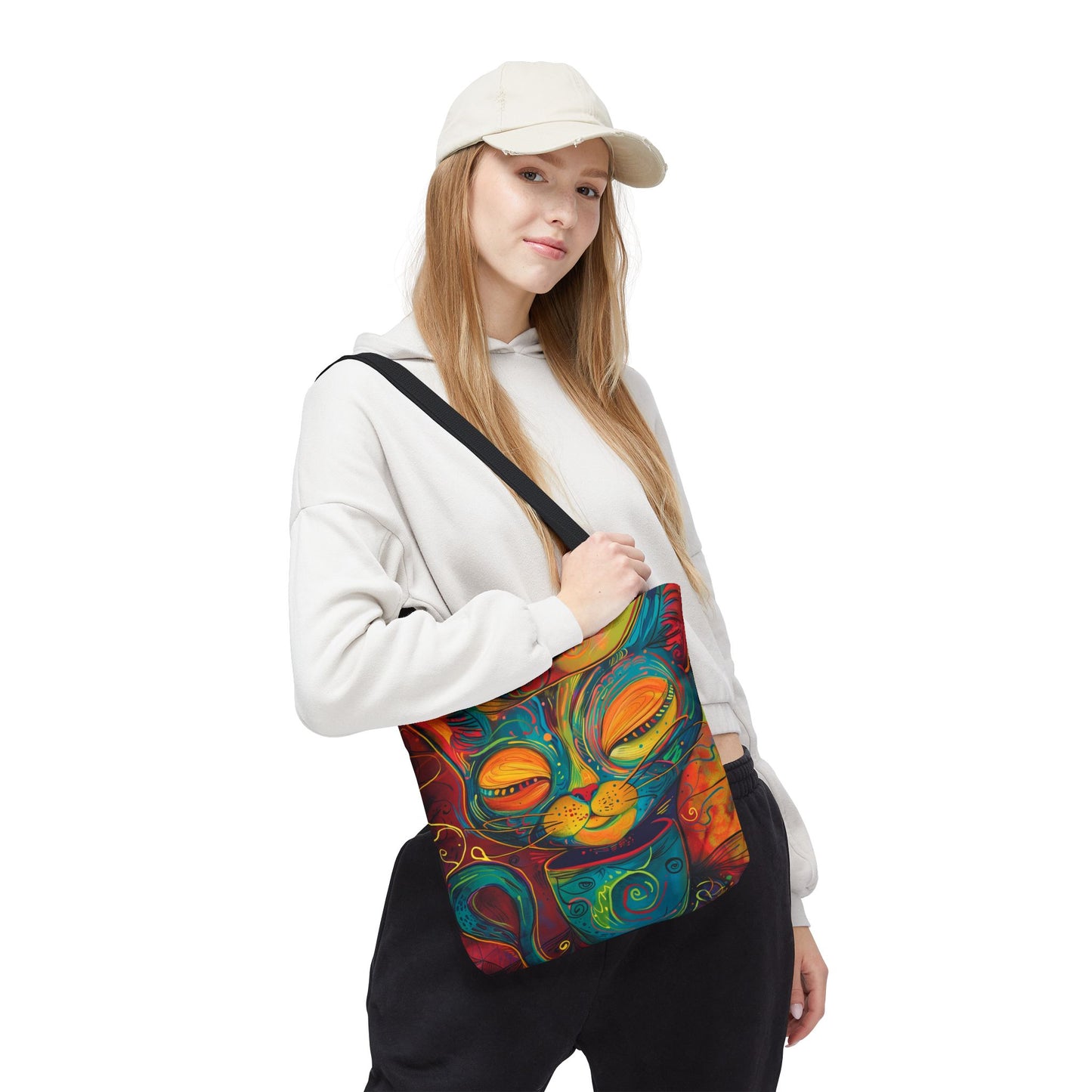 Vibrant Cat & Coffee Tote Bag - Abstract Cat Lover Gift, Cute AOP Reusable Tote for Busy Women, Coffee Cat Mom Bag